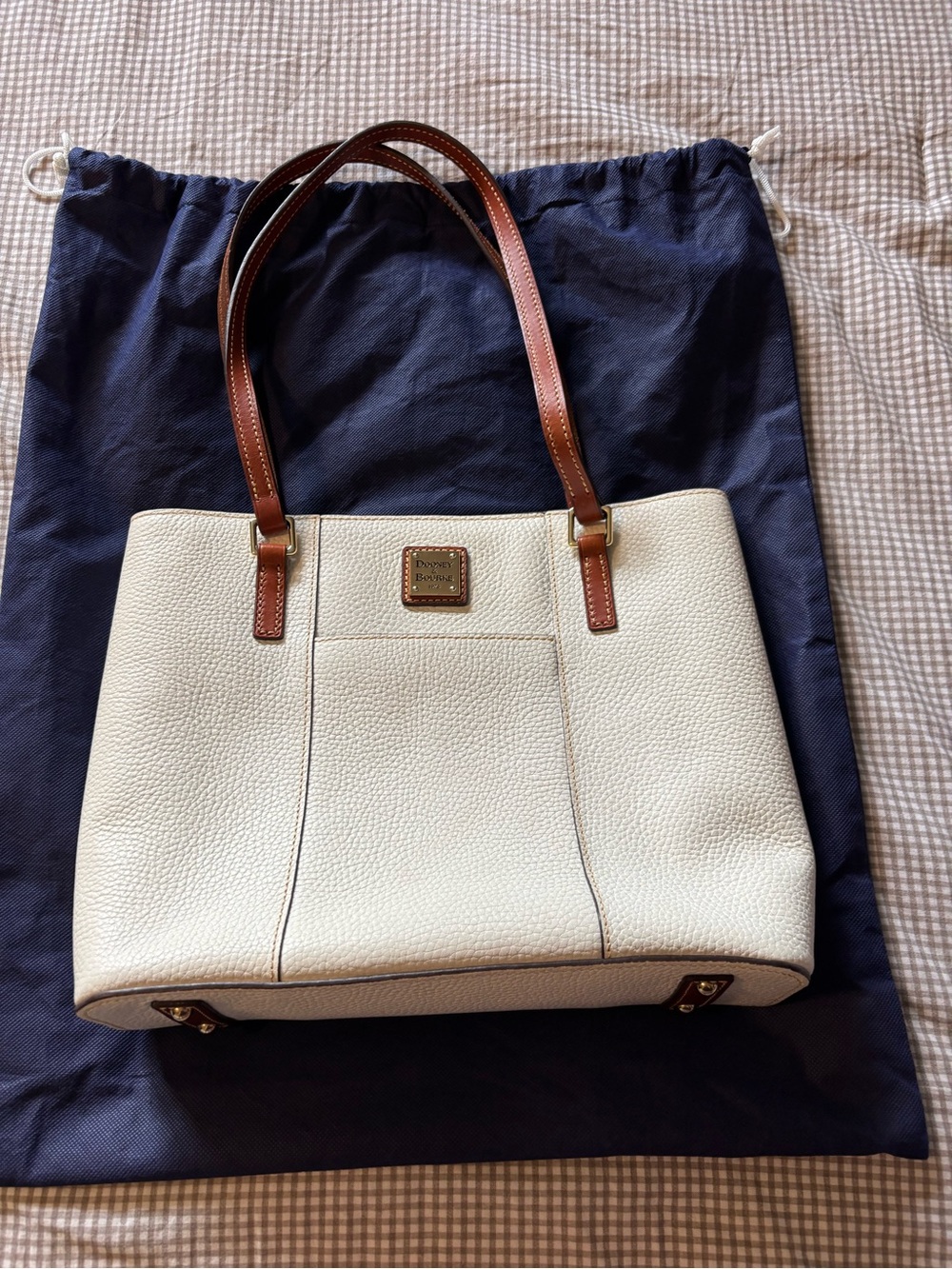 Dooney & Bourke Cream Pebbled Leather Tote with Brown Handles